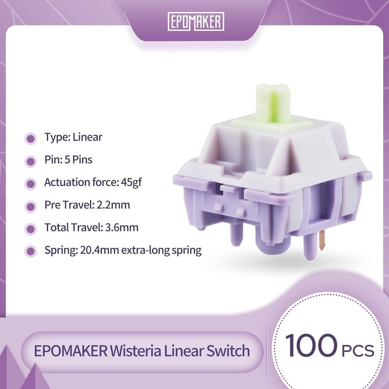 EPOMAKER Mechanical Switches Set for Mechanical Gaming Keyboard, 100 Pieces, Pre-Lubed Switch, Linear/Tactile/Clicky, 5-Pin Creamy Switch with MX Keycaps (Wisteria V1(Linear)) - Image 2